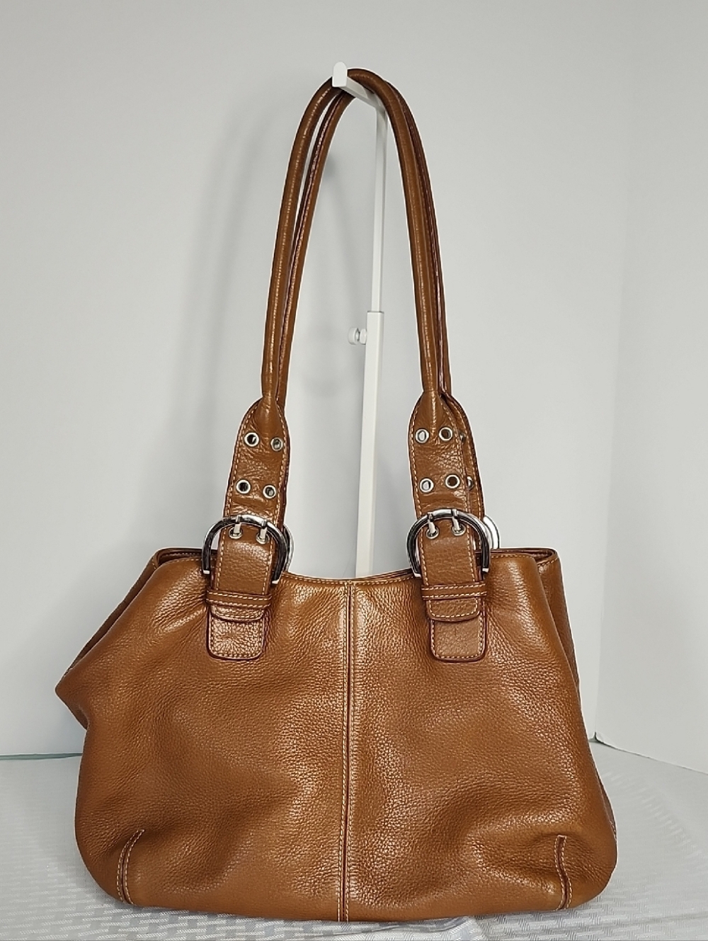 Tignanello Pebbled Leather Silver Buckle Shoulder Bag